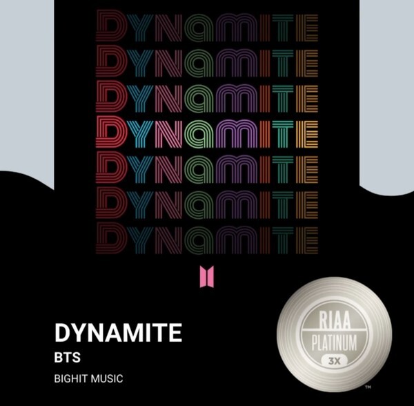 미국 레코드산업협회(RIAA)가 그룹 방탄소년단(BTS) '다이너마이트'에 트리플 플래티넘을 인증했다. [사진=RIAA]
